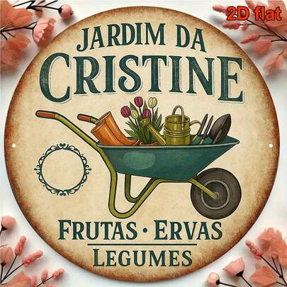 1 tấm bảng trang trí tròn kiểu cổ điển bằng tiếng Bồ Đào Nha, chủ đề "Rau củ quả trong vườn", thích hợp để trang trí nhà bếp, phòng ăn, phòng khách, ban công, sân vườn, quán cà phê.