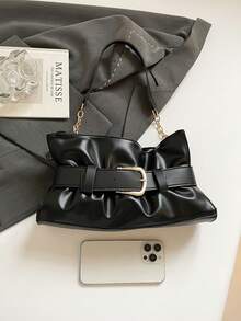 2026春季新款小众皮革搭扣手提包，时尚腋下包，褶皱云朵设计，通勤休闲时尚女包 - 黑色 - 查看 3