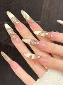 10pcs Handmade Coffin/Elongated Oval/Stiletto Nail Stickers, Suitable For Parties And Daily Wear, "Golden Diamond Gradient" Design, Luxurious And Elegant, Easy To Apply, 10pcs Y2K Style Handmade Nail Stickers For Women, Suitable For Holidays, Parties And Daily Wear - Pink - View 5