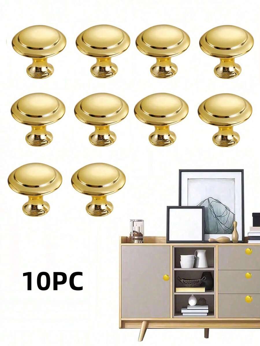 10pcs Stainless Steel Mushroom Shaped Drawer Pulls, Gold Cabinet Door Knobs - Gold - View 1
