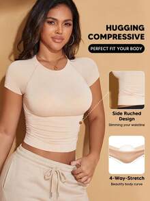 Women's High Elastic Seamless Bamboo Fiber Short Sleeve Shirt - Apricot - View 1