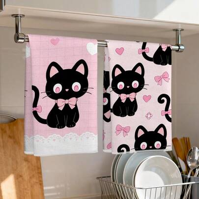 2条装厨房毛巾，现代厨房用品，黑猫图案超柔软超细纤维厨房毛巾，40*60厘米/15.7*23.6英寸，单面印花，厨房抹布，适用于餐厅厨房浴室装饰，节日礼物