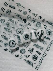 1 Sheet Chinese Taoist Talisman Themed Nail Art Stickers, Featuring Taoist Talismans, Yin Yang, Bagua, Flames, Seals, Coins, Mudras, Cloud Patterns, Chains, Embodying Chinese And Dark Occult Aesthetics, Suitable For Those Pursuing Individuality And Interested In Chinese Mystical Culture Nails - Black - View 9