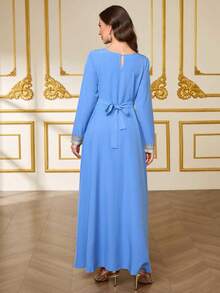 Ramadan Clothing, Light Blue Lace Embroidered Women's Robe, V-Neck Cinching Waist Dress - Blue - View 2