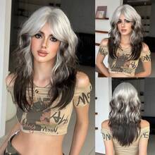 NICKY WALL 20 Inch Long Wavy Wave White Wig With Curtain Bangs,Black Ombre, Heat Resistant Synthetic Fiber Wig, Suitable For Daily Wear Party Use - 漸層黑色 - 查看 11