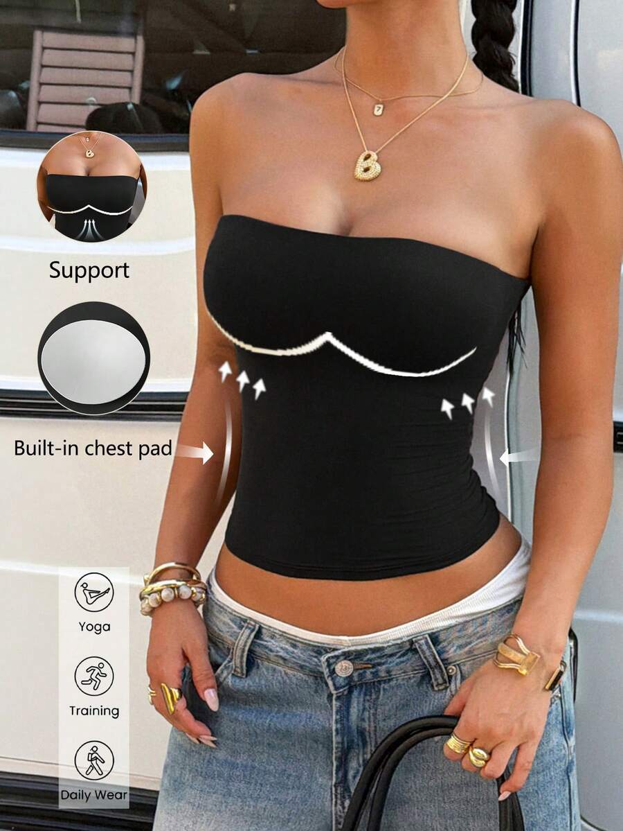 Aoqta 女士性感纯色无肩带加垫运动吊带背心，适合健身房、瑜伽、普拉提、健身和跑步 - 黑色 - 查看 1