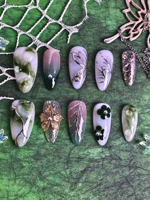 10片装女士美甲贴片，手工制作，夏季美甲，绿色渐变水洗金箔叶子3D花卉设计，亚克力材质，可重复使用，易于粘贴和卸除，ins风手工美甲套装，含美甲饰品、美甲胶水和美甲贴纸。 - 彩色 - 查看 3