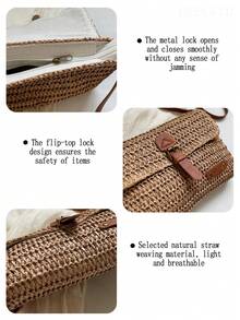 Vintage Fashion Large Capacity Woven Tote Bag, Beach Vacation Straw Shoulder Crossbody Bag , Summer - Khaki - View 7