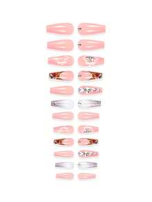 按压式美甲，加长法式假指甲，白色花朵水钻设计，全覆盖棺材形美甲，方形亚克力美甲，可重复使用，24片装，女士适用 - 彩色 - 查看 2