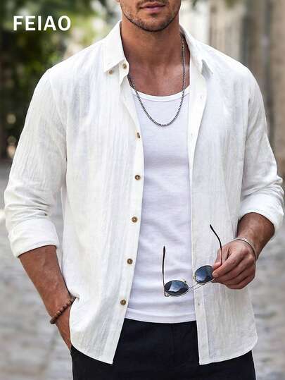 Men's Vintage Coin-Textured Solid Color Front Button Long Sleeve Shirt Jacket, Can Be Worn Alone Or Layered, Comfortable And Skin-Friendly, Essential For Casual Wear In All Seasons