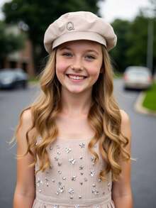 1顶珍珠A-Z字母儿童女童人字纹平顶贝雷帽，弹性帽带，可爱配饰，时尚儿童帽，日常休闲帽 - 米色 - 查看 2