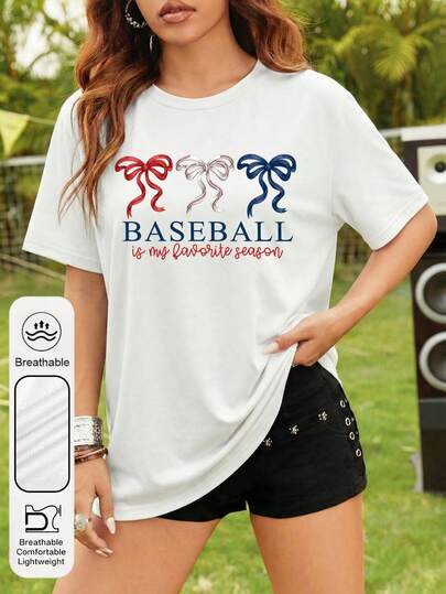 Blusa casual de verano para mujer de talla grande con cuello redondo, mangas cortas y estampado gráfico tipo béisbol, camiseta blanca de mujer con estampado gráfico de béisbol a la moda