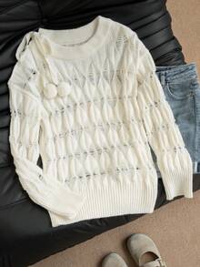 秋冬季露肩系带套头毛衣，独特镂空长袖针织上衣，适合早春穿着 - 杏色 - 查看 2