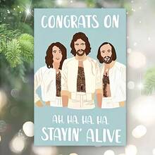 1pc "Nostalgic Bee Gees 'Congrats On Stayin' Alive' Birthday Card"Cheerful Celebration Card – Soft Sky Blue Backdrop, Stylized Illustration Of The Bee Gees In Iconic White Outfits, Humorous "Stayin' Alive" Lyric Pun, Birthday Card With Envelope, Blank Inside For Personal Notes, Perfect Gift For Bee Gees Fans, Music Lovers, Friends & Family To Celebrate Birthdays With Nostalgic, Playful Charm, Delightful Card Blending Retro Art & Festive Humor - Single Piece - View 2