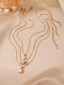 3pcs Minimalist Fashion Pink Zirconia Bead Square Pendant Necklace, Valentine's Day Gift, Suitable For Daily Wear And Gift Giving - Lucky Bead - View 6