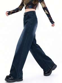 高腰复古美式修身直筒九分女式牛仔裤 - 中等水洗藍 - 查看 6