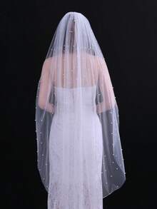 1 pieza Velo de novia con perlas de moda, longitud hasta la punta de los dedos y longitud de catedral, adecuado para boda, despedida de soltera, registro, accesorio de vestido de novia con peine para el cabello, festival, elegante - Multicolor - Ver 13