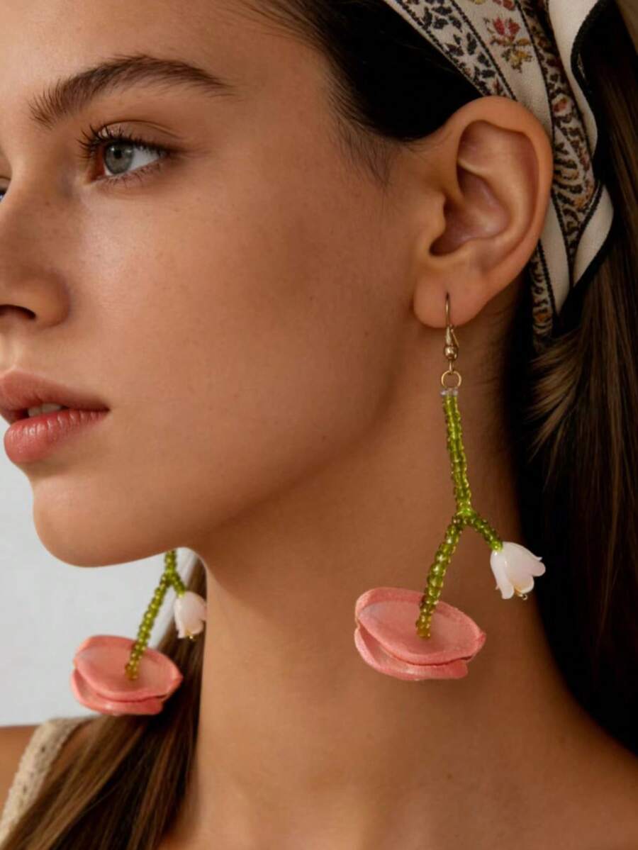 1 Pair Cute Beach Vibe Glass Beaded Pink Flower Dangle Earrings, Suitable For Beach Vacation, Elegant Women, Wedding, Engagement, Casual Holiday, Honeymoon, Summer Wear - Pink - View 1