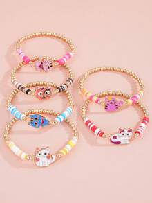 6件套可爱小猫铜镀珠弹力手链，女孩日常佩戴手链，闺蜜手链 - 彩色 - 查看 2