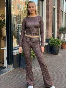 Women's 2 Piece Casual Outfits Long Sleeve O Neck Dot Print Tops Flared Pants Sets - Marrón - Ver 1