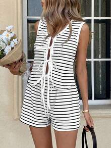 休闲时尚系带条纹背心短裤两件套，新款春夏，女士度假装，外出服 - 白色 - 查看 6