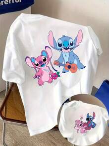 Disney Shi Diqi And Angel Heart Guitar Flower Printed Men's T-Shirt-Light Blue Casual Street Style, Breathable Summer Round Neck And Short Sleeves, Machine Washable And Easy To Care, Interesting Design, Durable Printed Top. - trắng - Xem 1