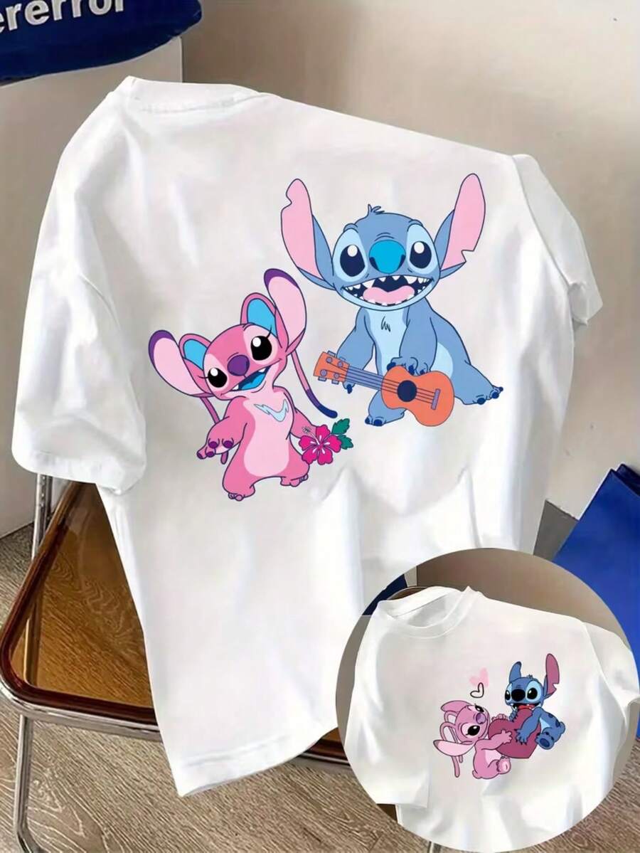 Disney Shi Diqi And Angel Heart Guitar Flower Printed Men's T-Shirt-Light Blue Casual Street Style, Breathable Summer Round Neck And Short Sleeves, Machine Washable And Easy To Care, Interesting Design, Durable Printed Top. - trắng - Xem 1