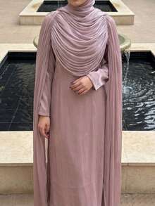 1pc (Excluding Headscarf) Elegant Pleated Abaya Robe, Luxurious & Fashionable Fall - Lilac Purple - View 5