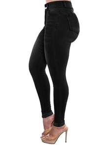 女士提臀牛仔裤，高弹力打底裤，时尚优雅，适合约会、通勤、休闲旅行、情人节和新年穿着。 - 黑色 - 查看 2