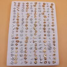 100 Pairs Assorted Gold & Silver Color Rhinestone Plastic Stud Earrings Set, Minimalist Fashion Versatile Earrings, Sponge Packaging Without Box - Gold and Silver Mixed With White Diamonds, Without Box - View 2