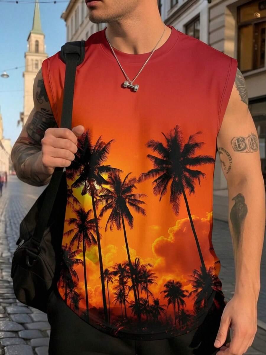 Men's Ombre Sunset Palm Tree Print Sleeveless Tank Top, Suitable For Casual Holiday Wear - Multicolor - View 1