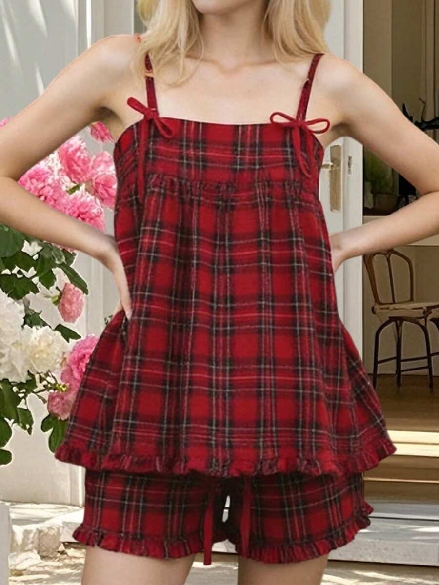 Women's Plaid Shorts Outfit Loose Fit Stylish Bows Ruffled Trim Spaghetti Strap Tops And Shorts 2 Pcs Set - Red - View 1