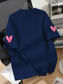 Tween Girl Dessert And Heart Print Crew Neck T-Shirt Summer Girls Casual T-Shirt Soft Top - Navy Blue - View 2