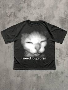 2026 新款“我需要布洛芬！”趣味复古猫咪图案女式T恤，送给她的完美礼物，春夏圆领上衣，适合日常穿着。休闲黑色 - 黑色 - 查看 3