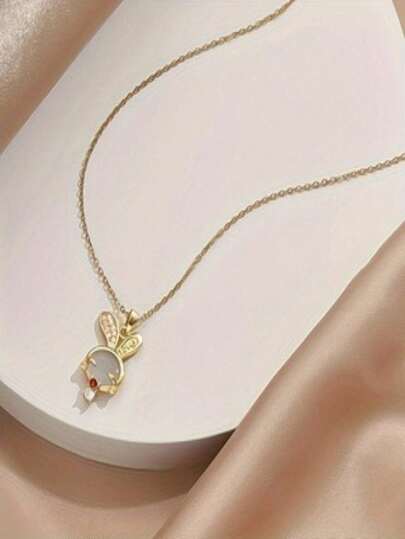 1件金色不锈钢链兔子吊坠项链，创意设计简约复古休闲风，情人节、开斋节、日常佩戴、派对礼物（OPP袋包装盒仅用于拍摄）