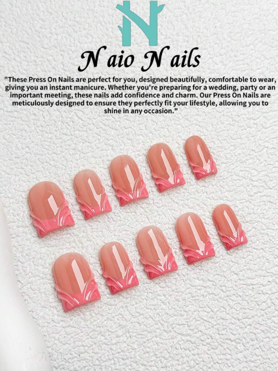 NAIO 10片/套 春夏手工按压式美甲贴片，短方形甲片，Y2K 酷炫风格，粉色法式凝胶美甲设计。适合女性和女孩，可用于派对、日常佩戴，附赠工具包，是送给女士美甲的绝佳礼物。 - 彩色 - 查看 1