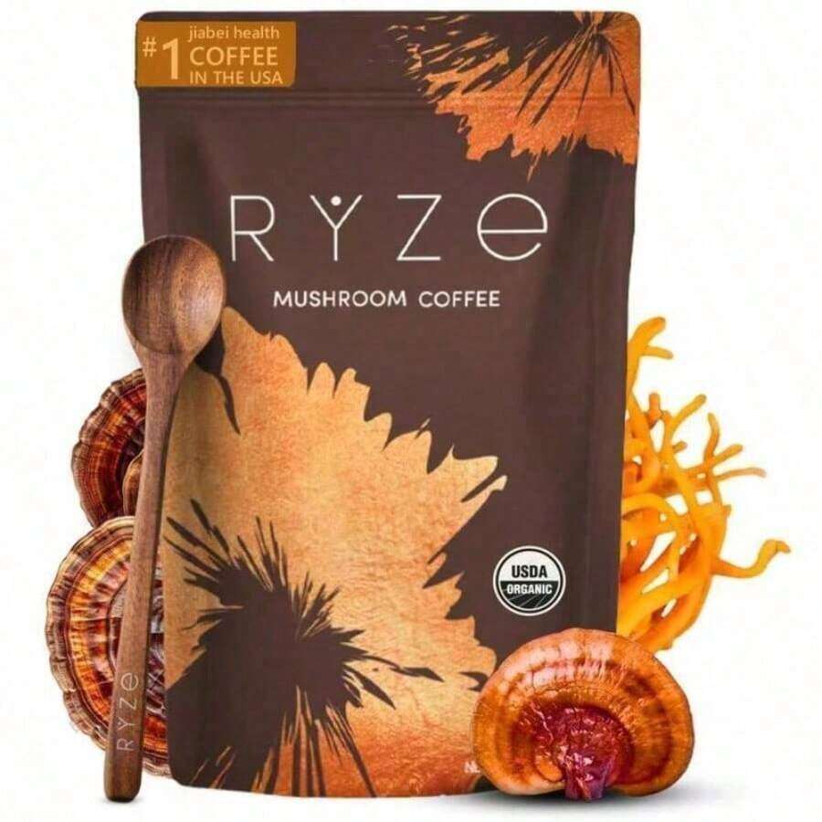 Mushroom Coffee, USDA Organic Certified, Contains 6 Types Of Adaptogenic Mushrooms And MCT Oil, An American-Made Instant Coffee That Helps Boost Energy, Improve Focus, Promote Digestion, And Enhance Immunity, Containing Turkey Tail Mushroom, Shiitake Mushroom, And Lion's Mane Mushroom, 30 Servings. - Others - View 1