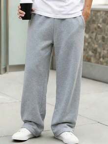 1 pieza Pantalón de chándal de cintura elástica y pierna recta, cómodo y de moda, para niños y adolescentes, con forro cálido, apto para primavera, verano, otoño e invierno - Gris - Ver 2