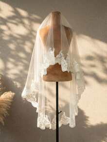 1pc Elegant Lace Trim Bridal Veil, Suitable For Wedding, Party, Eid Festival - Milky - View 4