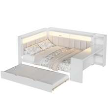MERAX Full Size Daybed With Storage Shelves,Trundle,Charging Station,LED Light,Desk And Upholstered Headboard And Backrest,White+Beige-Trundle - Giường cỡ lớn - màu trắng (có giường kéo phụ) - Xem 10