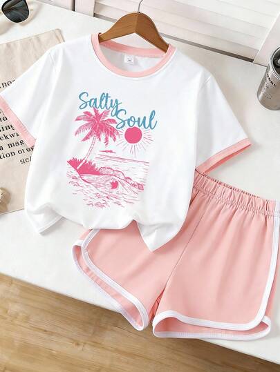 2pcs Girls' Colorful Summer Beach Print T-Shirt And Shorts Set, Soft & Comfortable Fabric, Spring/Summer