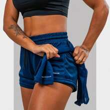 Conjunto Feminino Academia Short 2em1 com Bermuda compressão e Regata Nadador Fitness Corrida Treino - Azul Marinho - Visão 6