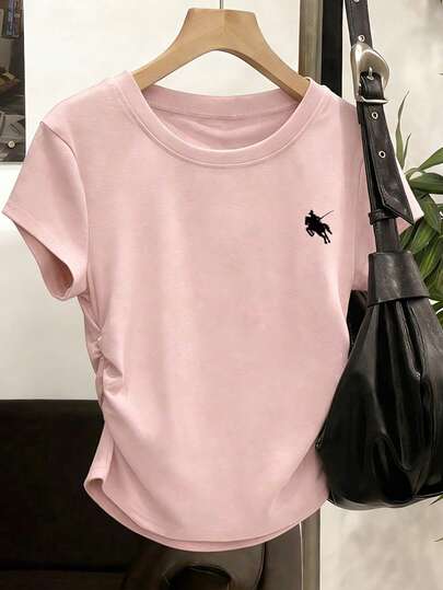 1pc Minimalist Printed Drawstring Waist Short Sleeve T-Shirt, Student & Young Girl Clothes, Unique Design Summer Top For Hot Weather