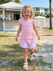 Toddler Baby Girl Outfit Summer Fly Sleeve Starfish Seashell Embroidery T-Shirt Top Plaid Shorts 2PCS Clothes Set - 粉色 - 查看 3