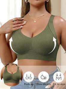 5pcs Classic Plus Size (Runs Small) Women's Non-Wired Bra, Striped Seamless Soft Support Shaping Lingerie, Adjustable Shoulder Straps, Removable Pads - Multicolor - View 8