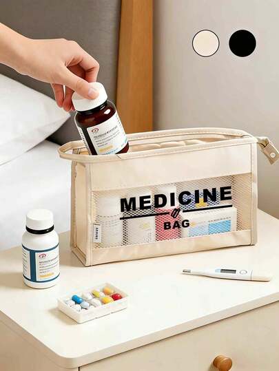 Large Capacity Travel Mesh Storage Bag Printed With "Medicine Bag" Pattern, Portable Medicine Bag, First Aid Medical Emergency Tool Kit, Outdoor Home Medicine Pill Storage Bag, First Aid Kit Organizer Bag, Travel Emergency Medicine Bag