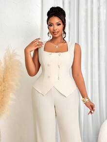 BIUBIU 大码女装时尚纯色高弹力两件套 - 长袖V领双排扣修身上衣和高腰宽松直筒裤，优雅通勤风，适合约会、工作、春夏穿着。Cure Apparel出品。 - 米色 - 查看 8