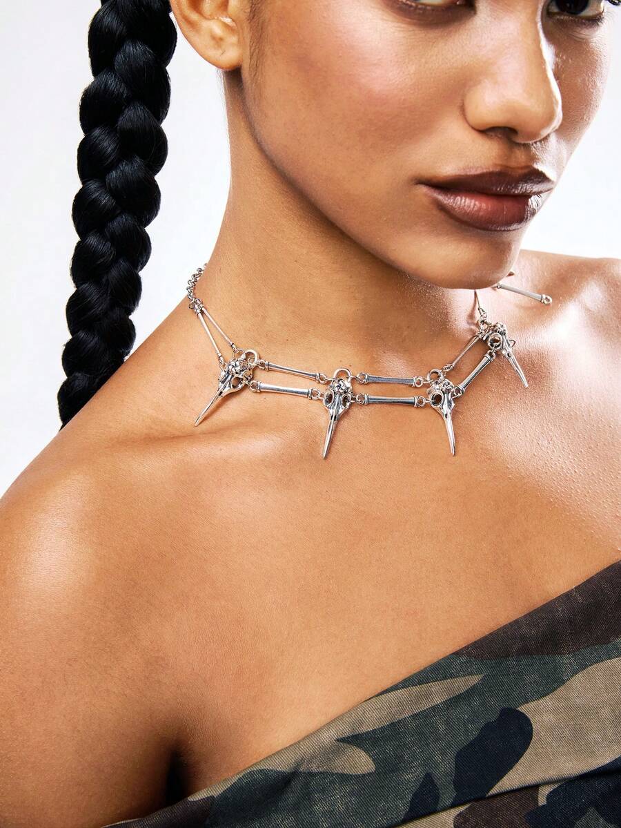 1pc Gothic Bird Skull Necklace, Evil Skeleton Pagan Witch Wizard Necklace, Unisex Design Suitable For Men & Women, Everyday Wear, Party & Gathering - Silver - View 1