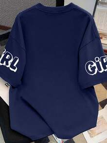 Kaos Kasual Lembut Leher Bulat untuk Anak Perempuan dengan Cetakan Slogan Hari Ibu, Musim Panas - Navy Blue - View 2