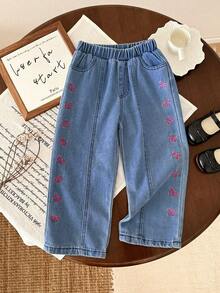女童时尚可爱甜美玫红色蝴蝶结刺绣口袋休闲直筒宽松牛仔裤，春秋季 - 藍色 - 查看 2
